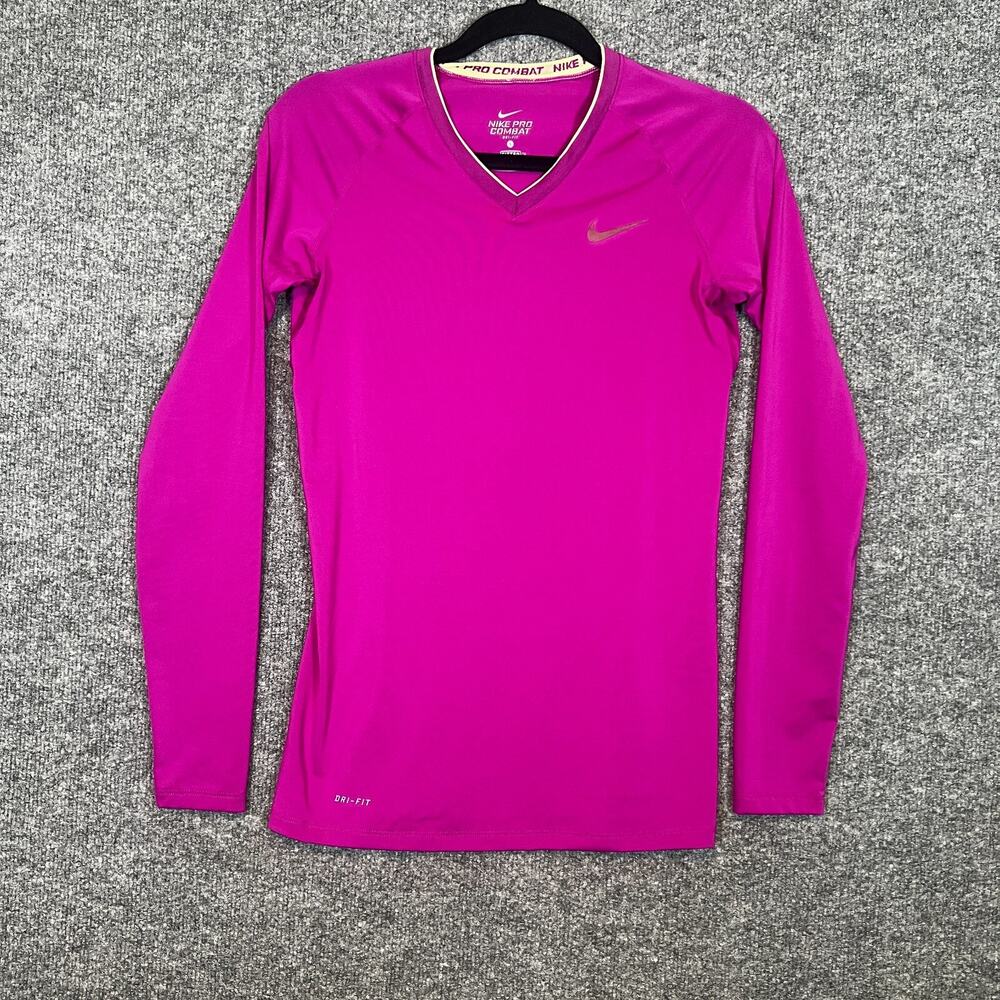 Nike Pro Combat Shirt Womens Small Pink Fitted Long Sleeve Vneck Stretch